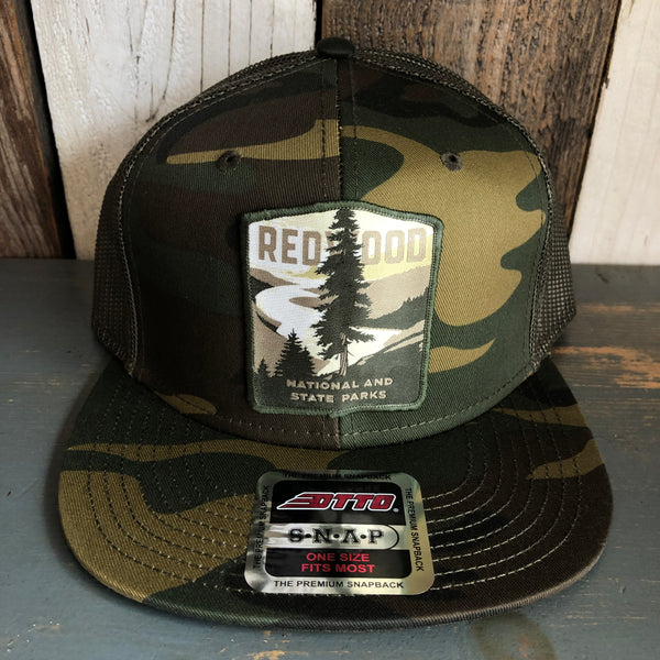REDWOOD NATIONAL & STATE PARKS Camouflage 6 Panel Mid Profile Mesh Back Snapback Trucker Hat - Dark Green/Brown/Dark Olive Green