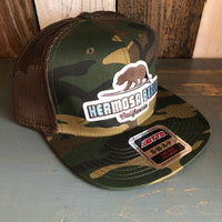 Hermosa Beach SUFING GRIZZLY BEAR Camouflage 6 Panel Mid Profile Mesh Back Snapback Trucker Hat - Dark Green/Brown/Dark Brown