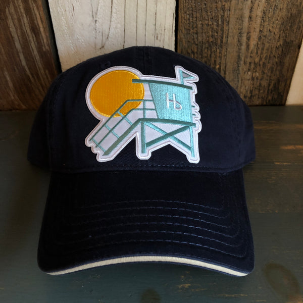 Hermosa Beach LIFEGUARD TOWER - 6 Panel Low Profile Style Dad Hat with Velcro Closure - Navy/Navy/Khaki