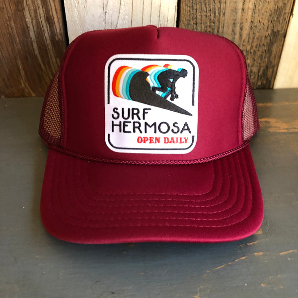 SURF HERMOSA BEACH :: OPEN DAILY High Crown Trucker Hat - Burgundy Maroon
