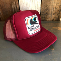 SURF HERMOSA BEACH :: OPEN DAILY High Crown Trucker Hat - Burgundy Maroon