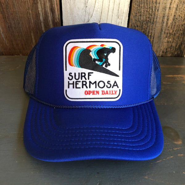 SURF HERMOSA :: OPEN DAILY High Crown Trucker Hat - Royal Blue (Curved Brim)