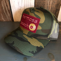 Hermosa Beach WELCOME SIGN Camouflage 5 Panel Mid Crown Mesh Back Snapback Trucker Hat - Dark Green/Brown
