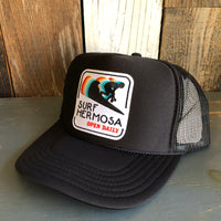 SURF HERMOSA :: OPEN DAILY High Crown Trucker Hat - Black (Curved Brim)