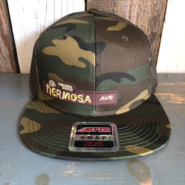 Hermosa Beach HERMOSA AVE Camouflage 6 Panel Mid Profile Mesh Back Snapback Trucker Hat - Dark Green/Brown/Dark Olive Green