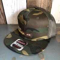 Hermosa Beach HERMOSA AVE Camouflage 6 Panel Mid Profile Mesh Back Snapback Trucker Hat - Dark Green/Brown/Dark Olive Green