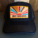 Hermosa Beach MUY HERMOSA Premium Denim Trucker Hat - Navy/Gold Stitching