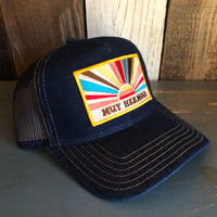Hermosa Beach MUY HERMOSA Premium Denim Trucker Hat - Navy/Gold Stitching