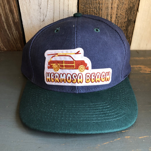 Hermosa Beach WOODIE - 6 Panel Low Profile Baseball Cap with Adjustable Strap with Press Buckle - Navy/Dark Green