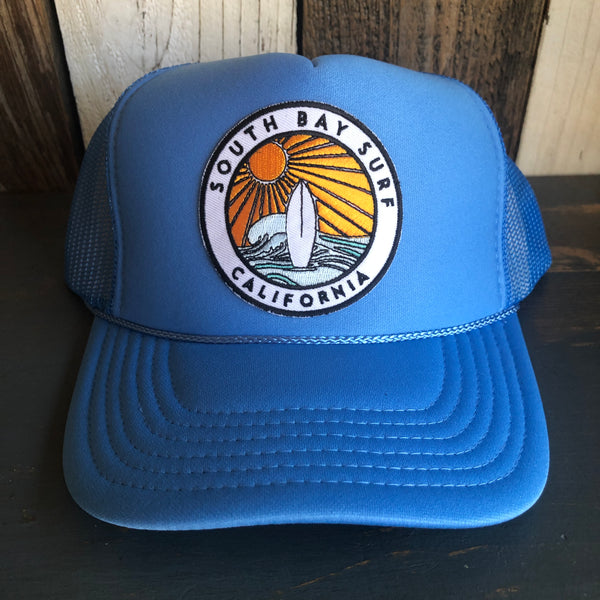 Hermosa Beach SOUTH BAY SURF (Multi Colored Patch) High Crown Trucker Hat - Col. Blue