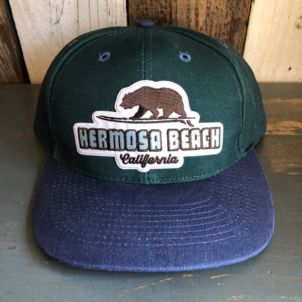 Hermosa Beach SURFING GRIZZLY BEAR - 6 Panel Low Profile Baseball Cap with Adjustable Strap with Press Buckle - Dark Green/Navy