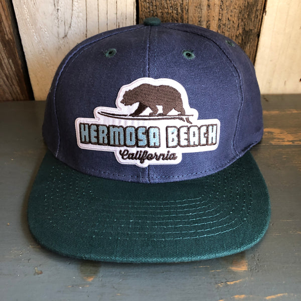 Hermosa Beach SURFING GRIZZLY BEAR - 6 Panel Low Profile Baseball Cap with Adjustable Strap with Press Buckle - Navy/Dark Green