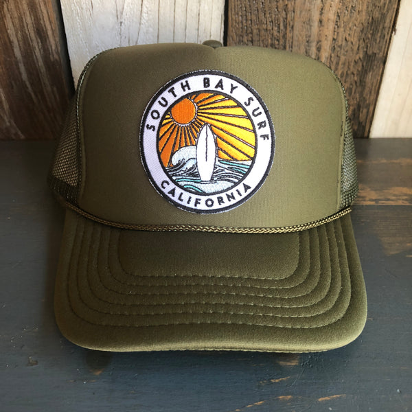 Hermosa Beach SOUTH BAY SURF (Multi Colored Patch) High Crown Trucker Hat - Olive