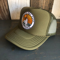 Hermosa Beach SOUTH BAY SURF (Multi Colored Patch) High Crown Trucker Hat - Olive