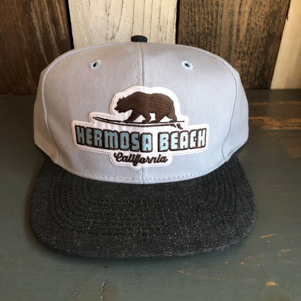 Hermosa Beach SURFING GRIZZLY BEAR 6 Panel Mid Profile Baseball Cap - Brushed Bull Denim