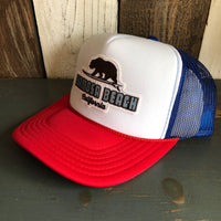 Hermosa Beach SURFING GRIZZLY BEAR Trucker Hat - Red/White/Royal Blue
