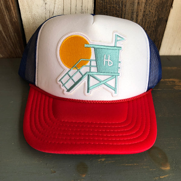 Hermosa Beach LIFEGUARD TOWER Trucker Hat - Red/White/Royal Blue