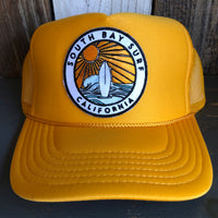 Hermosa Beach SOUTH BAY SURF (Multi Colored Patch) Mid Crown Trucker Hat - Gold (Curved Logo)