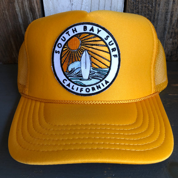 Hermosa Beach SOUTH BAY SURF (Multi Colored Patch) Mid Crown Trucker Hat - Gold (Curved Logo)