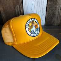 Hermosa Beach SOUTH BAY SURF (Multi Colored Patch) Mid Crown Trucker Hat - Gold (Curved Logo)