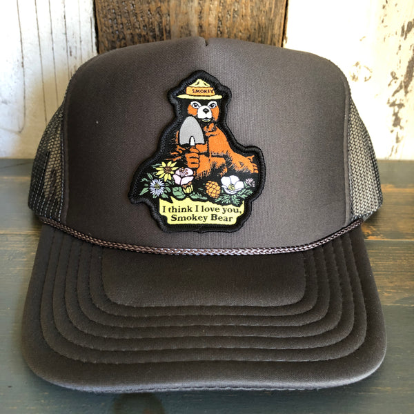 I THINK I LOVE YOU, SMOKEY BEAR Trucker Hat - Charcoal Grey (Curved Brim)