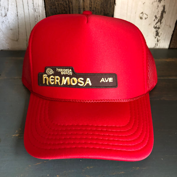 Hermosa Beach HERMOSA AVE High Crown Trucker Hat - Red