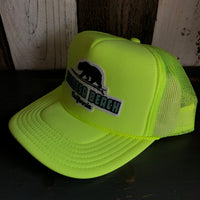 Hermosa Beach SURFING GRIZZLY BEAR Trucker Hat - Neon Yellow