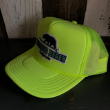 Hermosa Beach SURFING GRIZZLY BEAR Trucker Hat - Neon Yellow