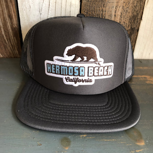 Hermosa Beach SURFING GRIZZLY BEAR Trucker Hat - Charcoal Grey (Flat Brim)