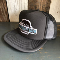Hermosa Beach SURFING GRIZZLY BEAR Trucker Hat - Charcoal Grey (Flat Brim)