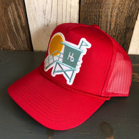 Hermosa Beach LIFEGUARD TOWER 5 Panel Mid Profile Mesh Back Trucker Hat - Red