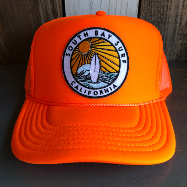 SOUTH BAY SURF (Multi Colored Patch) Mid Crown Trucker Hat - Neon Orange