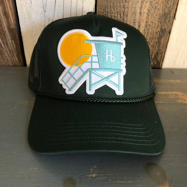 Hermosa Beach LIFEGUARD TOWER 5 Panel Mid Profile Mesh Back Trucker Hat - Dark Green