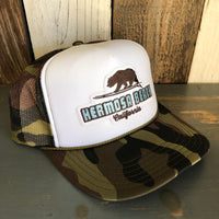 Hermosa Beach SURFING GRIZZLY BEAR Trucker Hat - CAMOUFLAGE Khaki/Brown/Light Olive/White Green/White