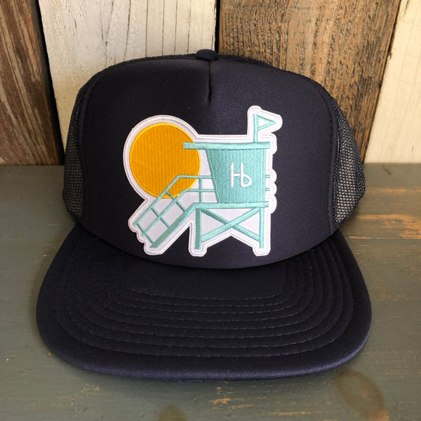 Hermosa Beach LIFEGUARD TOWER Trucker Hat - Navy Blue (Flat Brim)