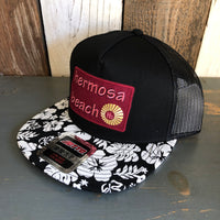 Hermosa Beach WELCOME SIGN Black Panel/Hawaiian Pattern Visor - 5 Panel Mid Profile Snapback Hat - Mauka