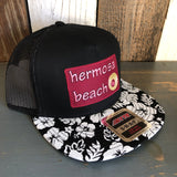 Hermosa Beach WELCOME SIGN Black Panel/Hawaiian Pattern Visor - 5 Panel Mid Profile Snapback Hat - Mauka