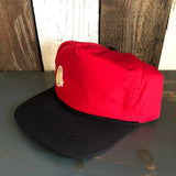 Black and red 5-panel cap with a gold front emblem, designed for casual wear.