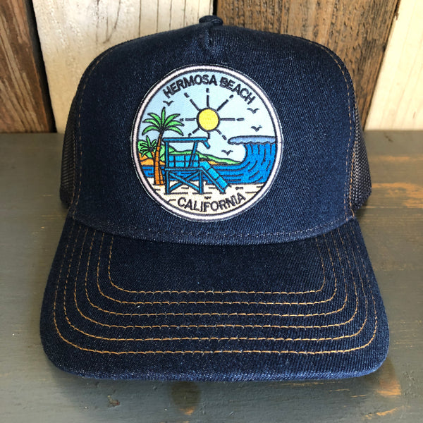 Hermosa Beach SHOREFRONT Premium Denim Trucker Hat - Navy/Gold Stitching
