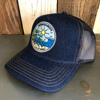 Hermosa Beach SHOREFRONT Premium Denim Trucker Hat - Navy/Gold Stitching