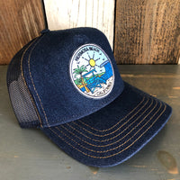 Hermosa Beach SHOREFRONT Premium Denim Trucker Hat - Navy/Gold Stitching