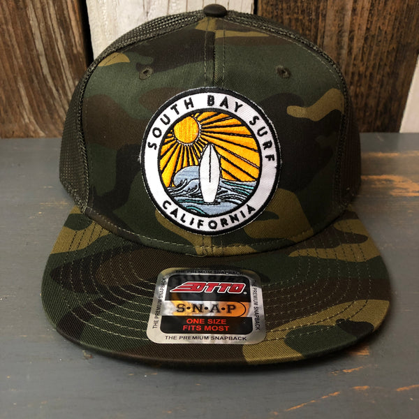 SOUTH BAY SURF (Multi Colored Patch) Camouflage 6 Panel Mid Profile Mesh Back Snapback Trucker Hat - Dark Green/Brown/Dark Olive Green