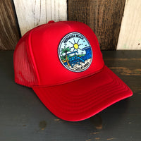 Hermosa Beach SHOREFRONT High Crown Trucker Hat - Red (Curved Brim)