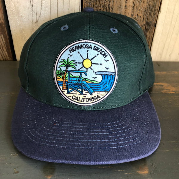 Hermosa Beach SHOREFRONT - 6 Panel Low Profile Baseball Cap with Adjustable Strap with Press Buckle - Dark Green/Navy