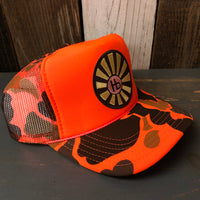 Hermosa Beach SUNBEAMS High Crown Trucker Hat - Neon Orange Hunters Camo