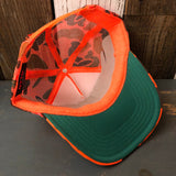 SURF HERMOSA :: OPEN DAILY High Crown Trucker Hat - Neon Orange Hunters Camo