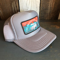 WHERE THE ROAD ENDS - THE ADVENTURE BEGINS - High Crown Trucker Hat - Grey (Curved Brim)
