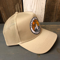 SOUTH BAY SURF (Multi Colored Patch) - 5 Panel Mid Profile Mesh Back Trucker Hat - Khaki