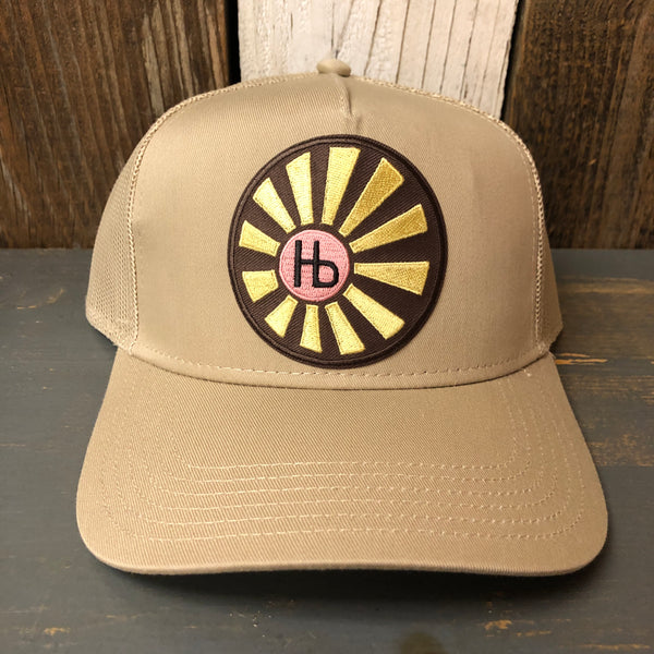 Hermosa Beach SUNBEAMS - 5 Panel Mid Profile Mesh Back Trucker Hat - Khaki