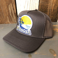 Hermosa Beach FIESTA - 5 Panel Mid Profile Mesh Back Trucker Hat - Charcoal Grey